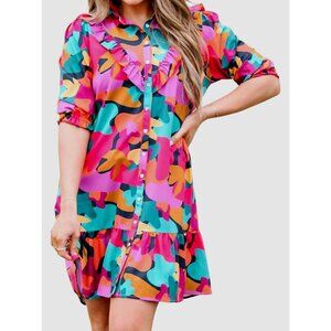 Michelle McDowell Ruffle Button-Up Waylon Dress Multicolor Abstract Print Size L